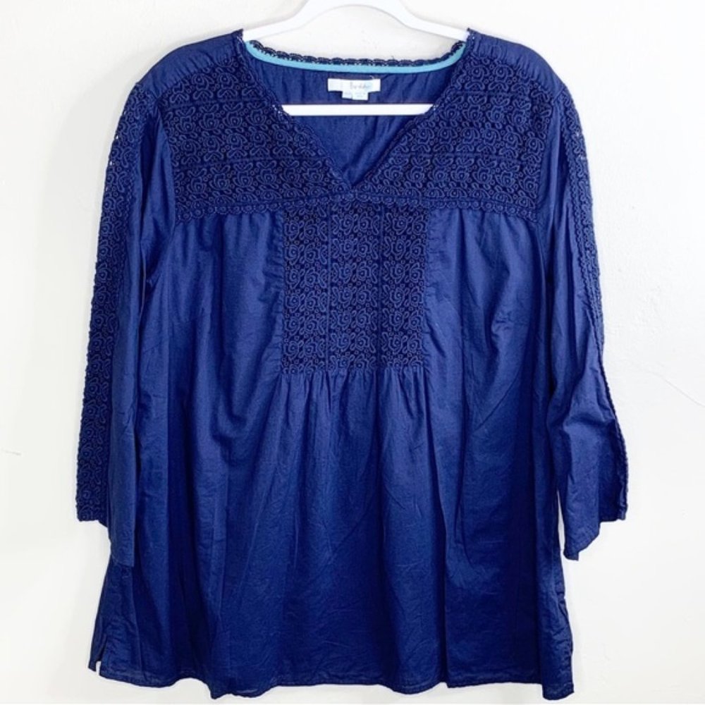 Boden Navy Crochet Eyelet 3/4 Sleeve Tunic Blouse